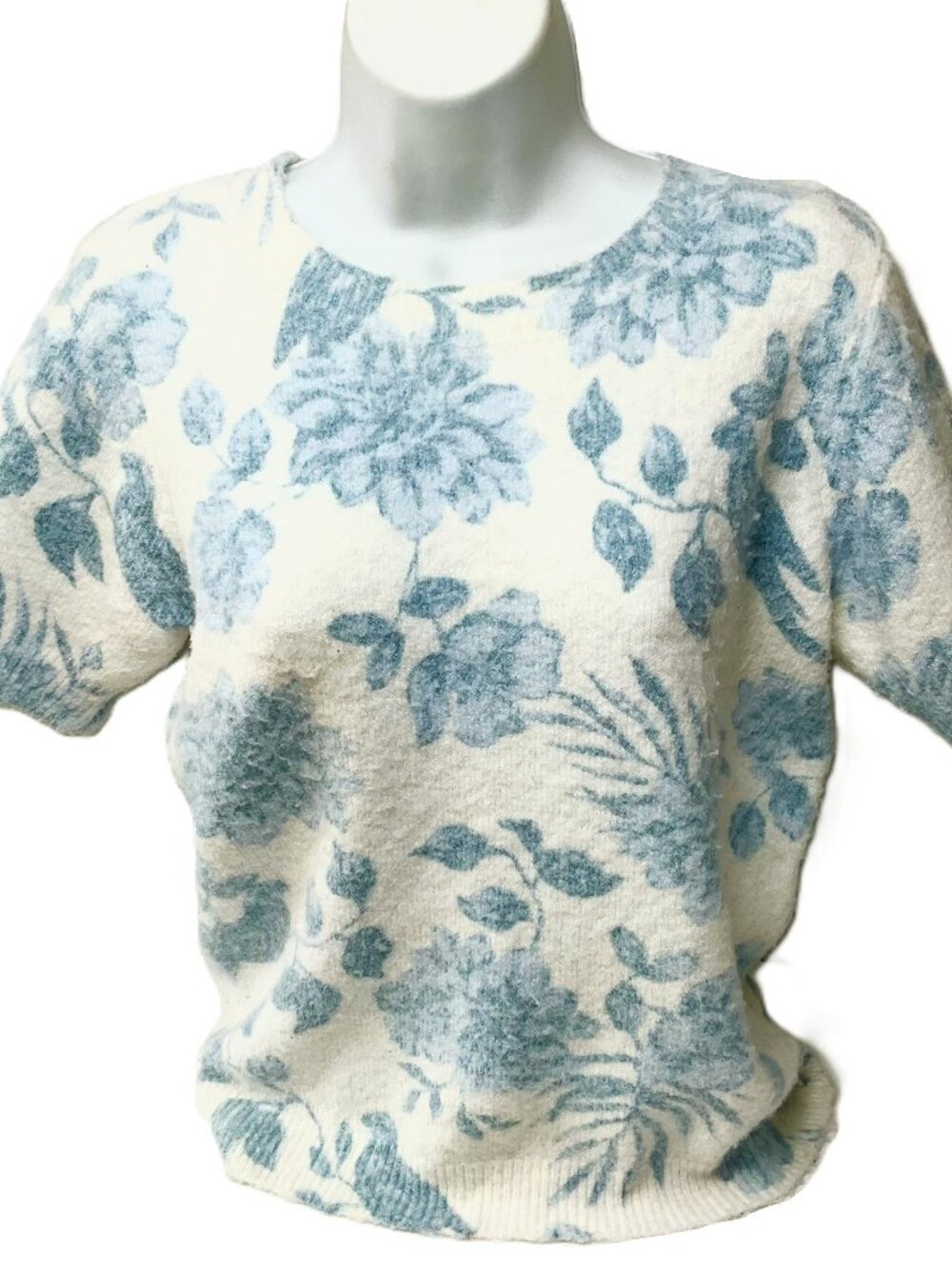 Rachel Zoe Blue&White Floral Print Short Sleeve Knit Top Rayon Blend Size S